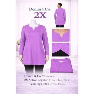 Denim & Co women’s  Active French Terry Tunic Orchid Purple 2X A261 Long Sleeve